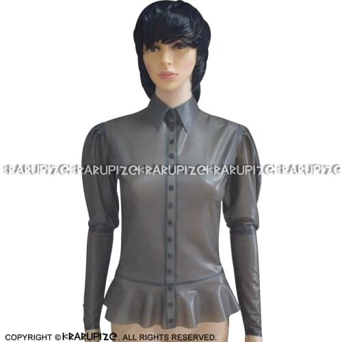 Metallic Red Latex Blouse With Puffs Sleeves Ruffles Buttons Frills At Bottom Rubber Shirt Top Clothes Clothing YF-0193