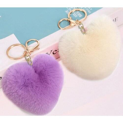 Plush Ball Heart-Shaped Mobile Phone Key Chain Soft Artificial Rex Rabbit Hair Ball Car Key Ring Ladies Bag Pendant Jewelry