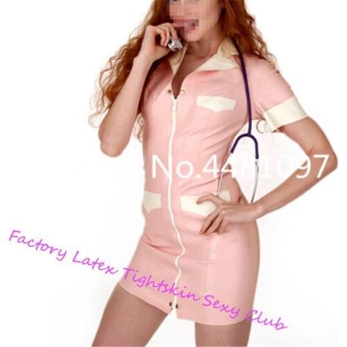 Pink with White Latex Nurse Uniform Skirt Tights Latex Dress Costumes Front Zip sexy halloween costume for women