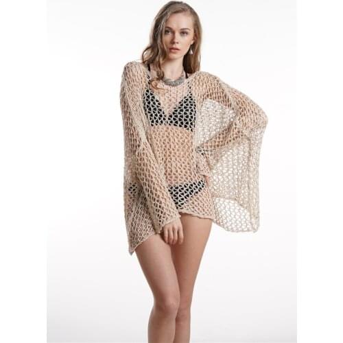 H80&S90 Sexy See Through Beachwear Women Knitted Hand Crochet Long Sleeve Tunic Beach Cover Up Beachwear Ladies' Swimsuit