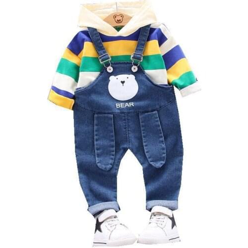 Spring Autumn Children Cotton Baby Boys Girls Clothes Stripe Hooded Denim Pants 2Pcs/sets Infant Kids Fashion Toddler Tracksuits