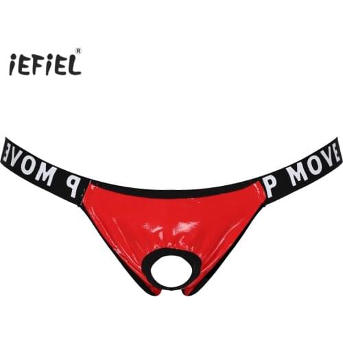 Men Wet Look Bulge Pouch Cutout Panties Low Waist Jockstrap G-string Underwear Letter Waistband Lingerie Briefs for Nightclub