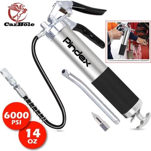 Universal 6000 PSI Silver Heavy Duty Deluxe Grease Gun Pistol Grip Manual 14oz Cartridge w/ 18" Flex Hose & 9‘’ Rigid Extension