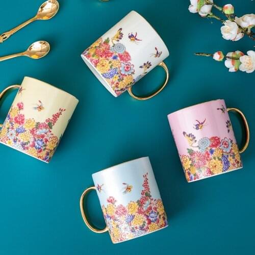 High Quality Bone China Coffee Cup With Gold Handle Embossed Flower Decoration Luxury Porcelain Tea Milk Water Mug Gift For Her