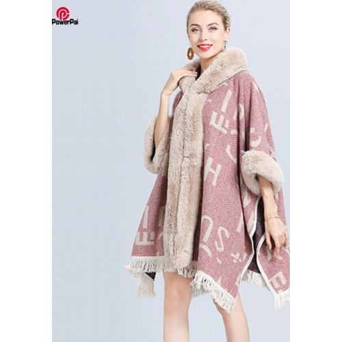 Fashion Tassels Letters Blends Faux Fur Cape Coat with Hat Women Fall Winter Cloak Overcoat Hooded Big Loose Poncho Cardigan