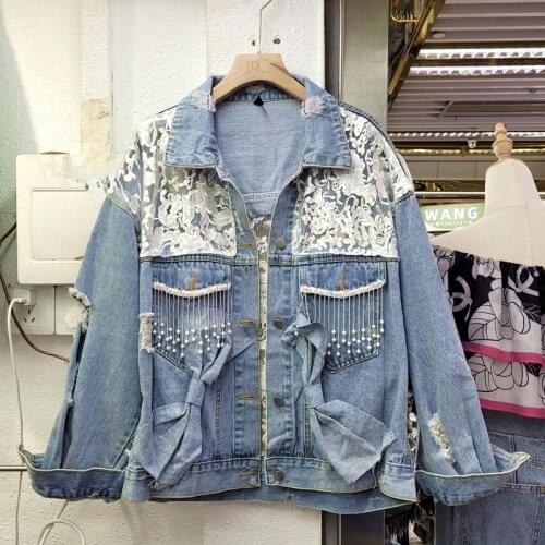 Autumn Lace Stitching Beading Bow Denim Jacket Women Loose Outwear Hole Backless Jeans Coat Female Streetwear Cowboy Tops G1307