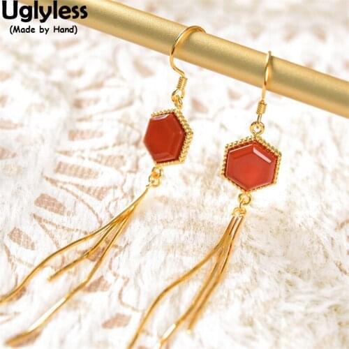 Uglyless Hexagon Like a Star Earrings for Women Natural Agate Heart-shape Gemstones Earrings 925 Silver Chains Tassels Brincos