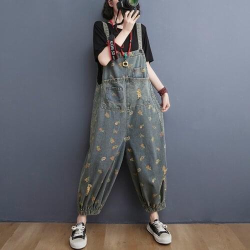 Fashion Summer Floral Jumpsuits Long Hole Ripped Jeans Woman Loose Cowboy Casual Pockets Strap Denim Overalls Rompers 2021 Print