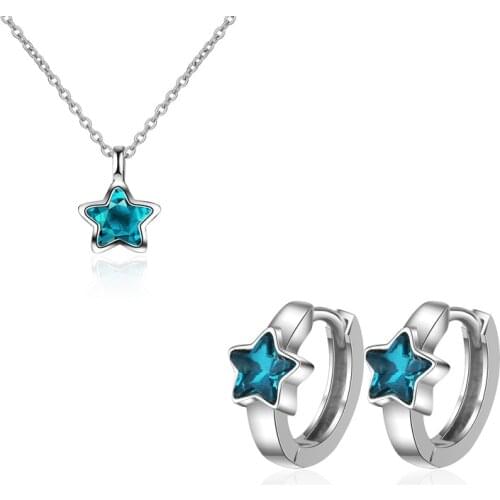New Fashion 925 Sterling Silver Blue Five-pointed Star Zircon Pendant Necklace+Earrings for Women Choker Jewelry Sets kolye