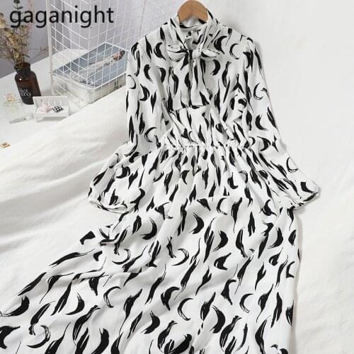 Gaganight Fashion Women Party Swing Maxi Dress Long Sleeve Stand Collar Bow Lady Elegant Dresses Chic Korean Bandage Vestidos