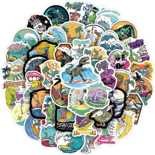 10/30/50PCS Cool Skull Surfing Stickers Summer Tropical Beach Surfing Waterproof DIY Surfboard Skateboard Funny Decal Sticker