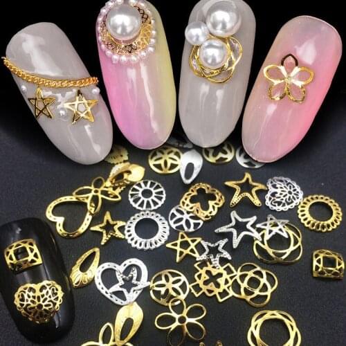 100pcs mix 3d hollow curved metal frame/star/heart/drop/floral design alloy rivet studs for nail art decoration random mixture