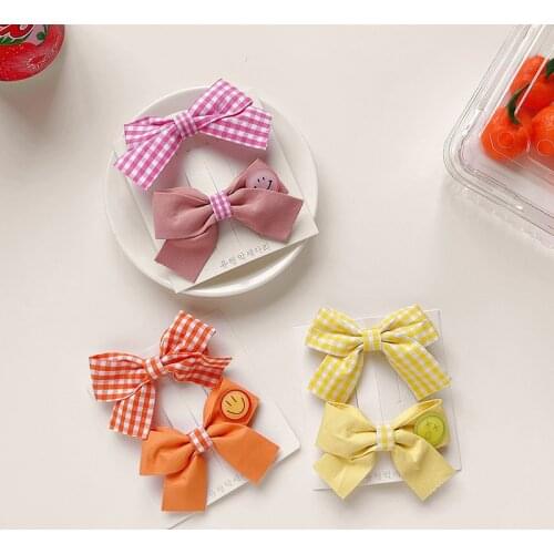 2 Pcs/Set Children Cute Colors Plaid Bow Ornament Hair Clips Baby Girls Lovely Smiley Barrettes Hairpins Kids Hair Accessories