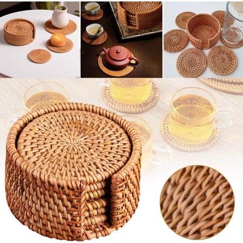 6Pcs/set Rattan Coaster & Holder Handmade Teacup Coasters Tableware Placemat Dish Mat Rattan Weave Cup Mat Diameter 8/10Cm