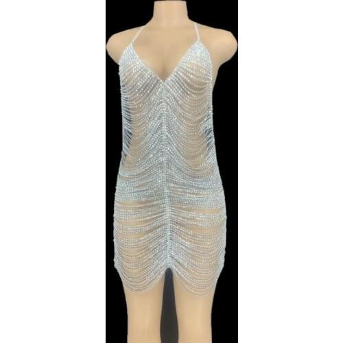 Shining Silver Rhinestone Chains Halter Backless Short Dress Women Birthday Celebrate Party Dress Bar Club Dance Hollow Outfit