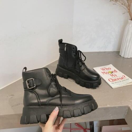 Casual Platform Shoes Women Matin Boots Cross-tied Brand Autumn Ladies Ankle Boots Front Zipper Female botas mujer Black Shoes