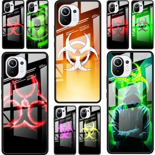 Red biohazard for Xiaomi Mi 11 Ultra Lite 10T Note 10 9T Pro CC9 CC9E 5G Luxury Tempered Glass Phone Case Cover