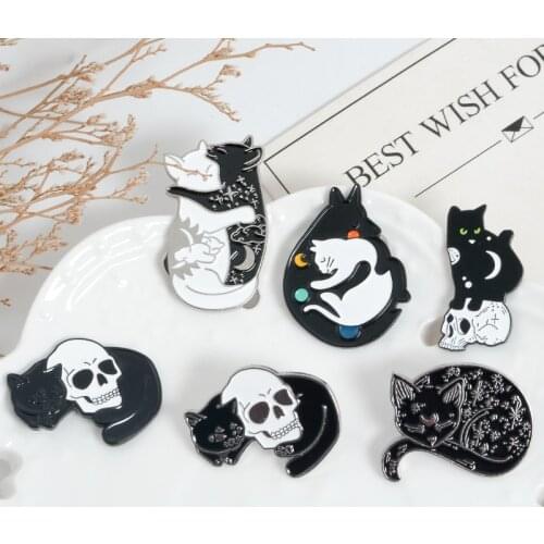 Cat With Skull Enamel Brooch Moon StarTexture Sleeping Hugging Badge Denim Jeans Shirt Animal Jewelry Gift for kids
