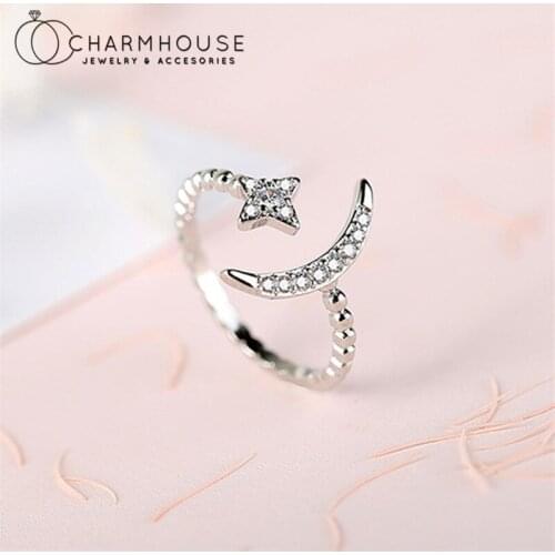 Pure Silver 925 Engagement Rings For Women Moon Star Crystal Ring Adjustable Bague Femme Wedding Jewelry Accesories Best Gifts