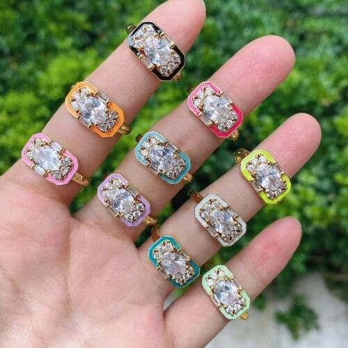 10PCS, Gold Fashion Style High Quality Zircon Crystal Enamel Square Ring For Womens Wedding Jewelry