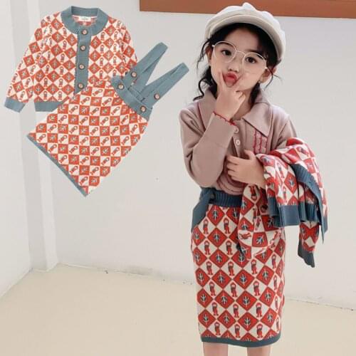 Retro Two Piece Knitting Spring Summer Girls Dresses Set Coat Cotton Teenagers Toddler Outwear Children Clothes School Uniform D