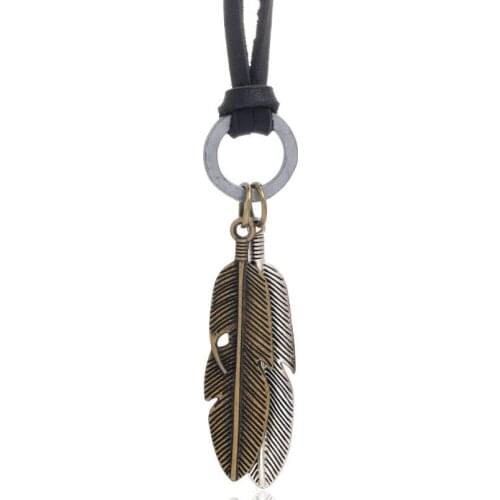 Punk Rock Hiphop Feather Pendant Necklace Metal Charm Vintage Genuine Leather Beach Long Chain Casual Fashion Women Men Jewelry