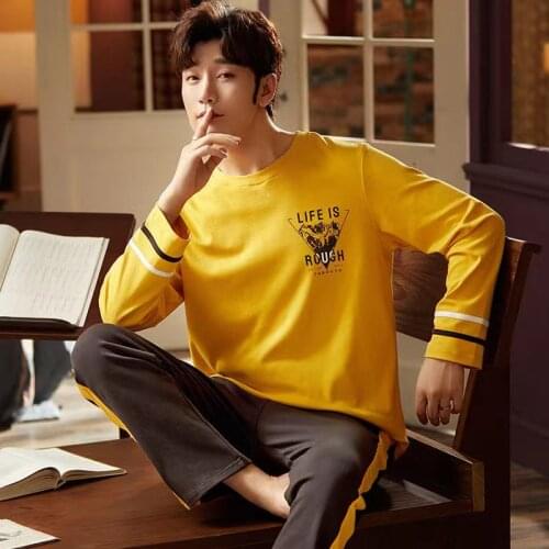 Autumn Winter Men Pajamas Set Long Sleeve Male Pajama Set Gray Cotton Pajamas For Men Casual Loose Sleepwear Suit Homewear XXXL