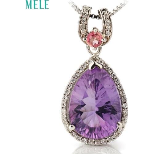 Natural amethyst silver pendant, pears 10mm*14mm with bright tourmalines, all clean amethyst and full cutting fire