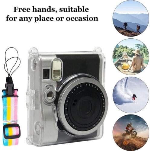Crystal Camera Case Protective Clear Case With Adjustable Rainbow Strap For Instax Mini 90 Cameras Accessories