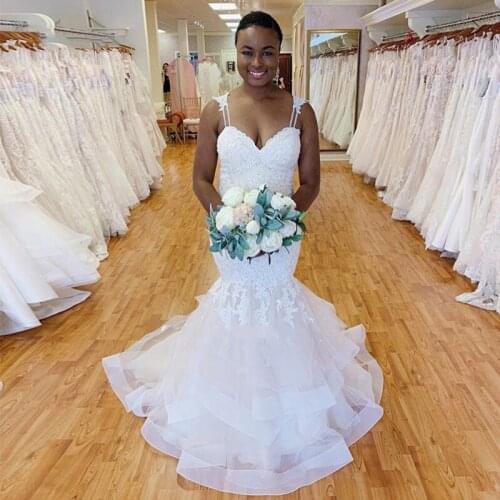 Romantic New Organza Mermaid Wedding Dress Spaghetti Straps Lace Applique Tiered Skirts Trumpet Wedding Gowns Custom Made