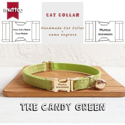 MUTTCO retail handmade engraved metal buckle collar for cat THE GANDY GREEN design cat collar 2 sizes UCC030J