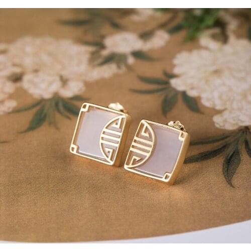 S925 Silver Personalized Pane Earrings For Womens Classic National Style Inlaid Chalcedony Fashion Jewelry