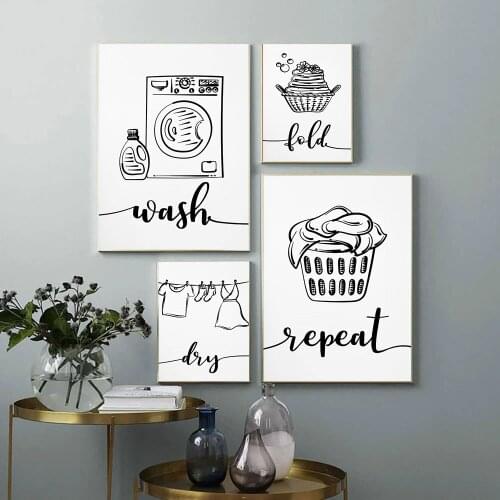 Wash Dry Fold Repeat Laundry Black White Wall Art Prints Canvas Painting Poster And Print Wall Pictures Utility Room Home Decor