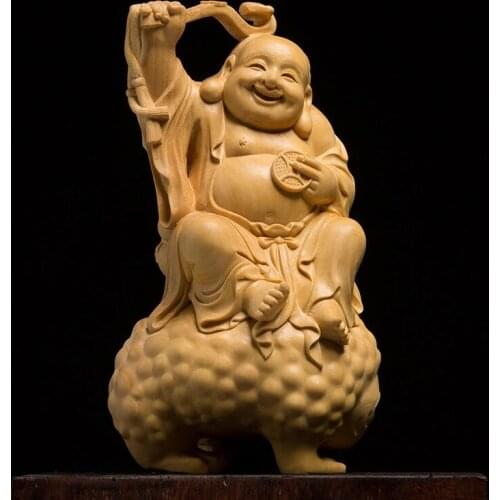14CM Toad Laugh Bag Buddha Chinese Mythology Boxwood Carving Home Creative Wood Engraving Crafts Living Room Car Wood Decoration