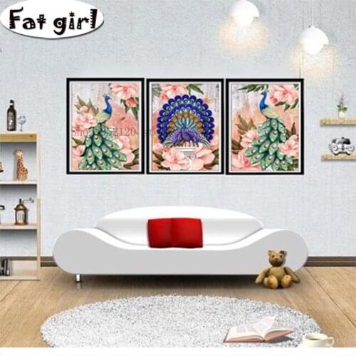 Triptych 5D Cross Stitch Diy Diamond Painting Animal Picture Flower peafowl Embroidery Mosaic Square Round Drill Decor Wallpaper