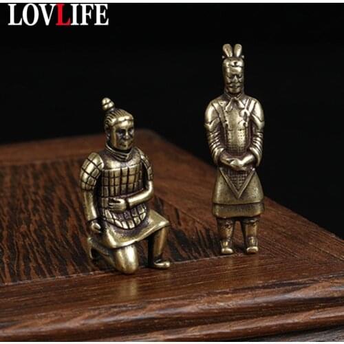 Solid Copper Mini Terracotta Army Samurai Figurines Keychain Pendant Decorations Brass Ancient Chinese Soldier Men Car Keyrings
