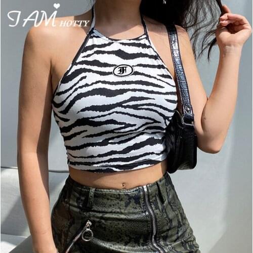 Zebra Print Y2K Lace Up Crop Top Women 2020 Backless Summer Sexy Fitness Corset Bustier Goth 90s Aesthetic Tops Female Iamhotty