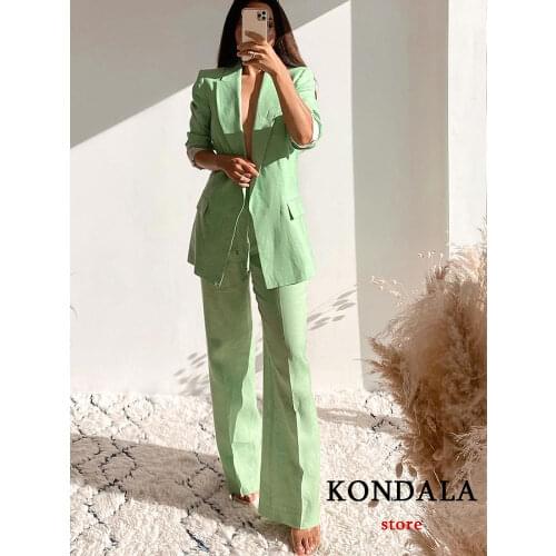 KONDALA Women Chic Green Oversized Blazer Za 2021 V Neck Pockets Long Sleeve Office Lady Jackets Linen Elegant Mujer Tops Blazer