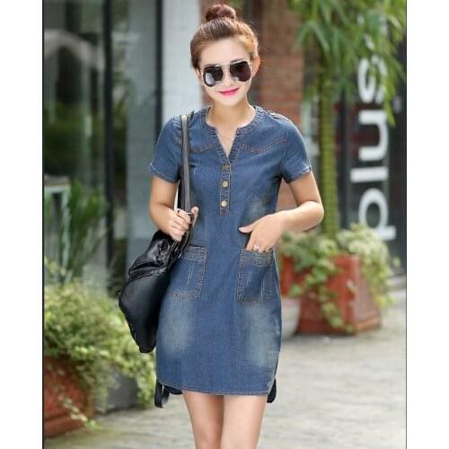 Summer Femal denim dresses short sleeves loose A word dresses plus sizes v-neck solid denim dresses Size S to 4XL 2 colour