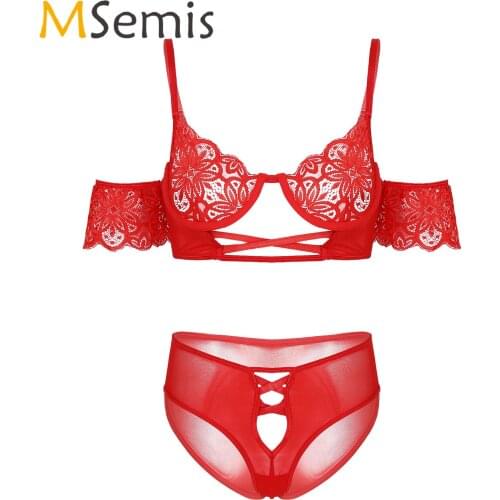 Womens Lace Lingerie Suit Underwear Short Sleeve Strappy Underwired Unlined Bra with Mesh Panties Briefs