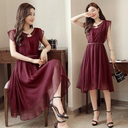 Summer Dress Womens Sleeveless Pleated Printed Chiffon Dresses 2020 New Slim Slimming Fashion Ladies Mother Vestidos Sale A901