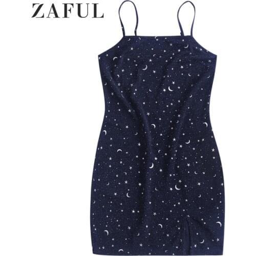 ZAFUL Moon and Star Print Cami Mini Dresses Sexy Summer Women Sleeveless Slip Dress Bodycon Spaghetti Strap Lady Beach Vestidos