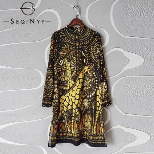 SEQINYY 100% Cotton Dress Designer Fashion Summer Spring New Women Runway Vintage Yellow Print Mini Straight