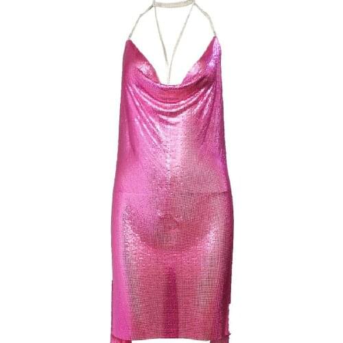 YACKALASI Club Women Party Dress Pink Metal Mesh Kendall Jenner Spaghetti Strap Sheath Hollow Out Spark Diamond Halter