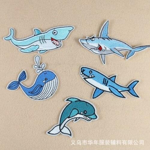 30pcs/lot Embroidery Patches Sea Animal Whale Shark Dolphin Blue Backpack Clothing Decoration Iron Heat Transfer Applique