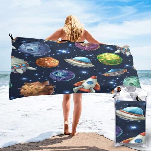 Bath Towel Comic Space With Planets Spaceships Quick Dry Large Towel Soft Towel for Home Travel Camping Swimming Beach Sport