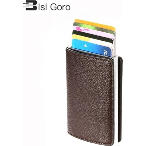 BISI GORO RFID Pop-Up Card Holder Aluminum Box Litchi Soft Leather Card Case Information Protector Security Clutch Casual Wallet