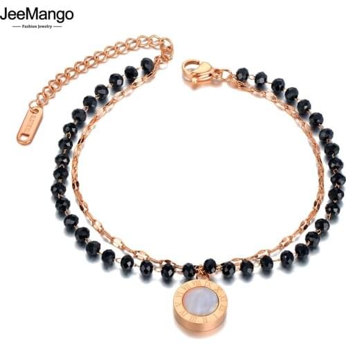 JeeMango New Titanium Stainless Steel Black Crystal Chain Link Bracelets For Women Bohemia Roman Numerals Charm Jewelry JB21014