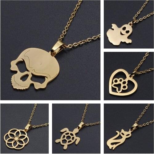 Gold Color Ghost Skull Pendant Necklace Stainless Steel Cable Chains Necklace Women Men Fashion Jewelry
