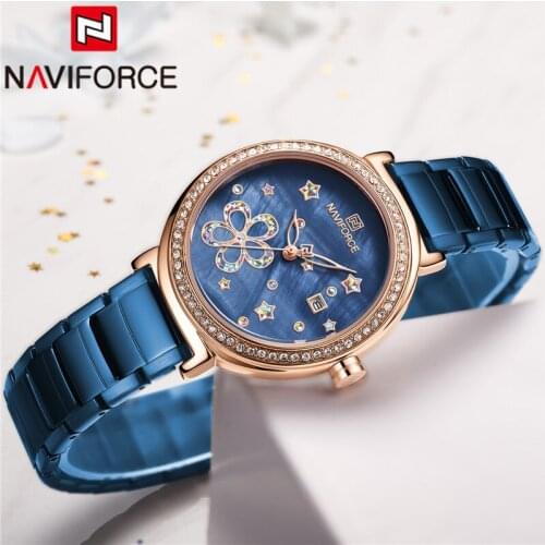 NAVIFORCE Top Luxury Brand Blue Rose Gold Women Watch Classic Quartz Lady Wristwatch Stainless Steel Calendar Female Clock 5016